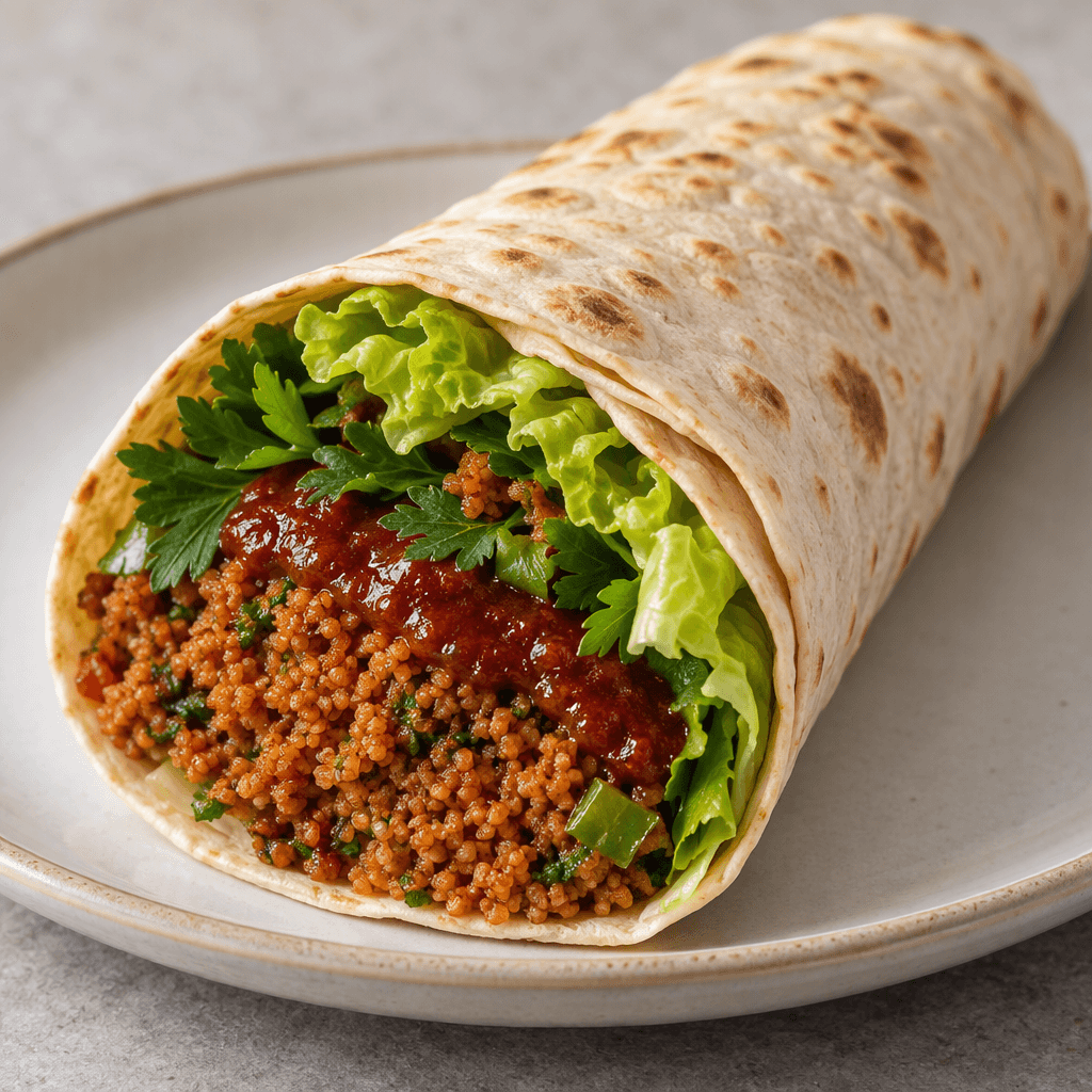 İnce, açık bej renkli lavaşın içine sıkıca sarılmış, ince taneli kızıl kahverengi bulgur harcının açık ucunda parlak yeşil marul ve maydanoz yapraklarıyla koyu kırmızı sos görünür; dürüm bir tabağın üzerinde durur.