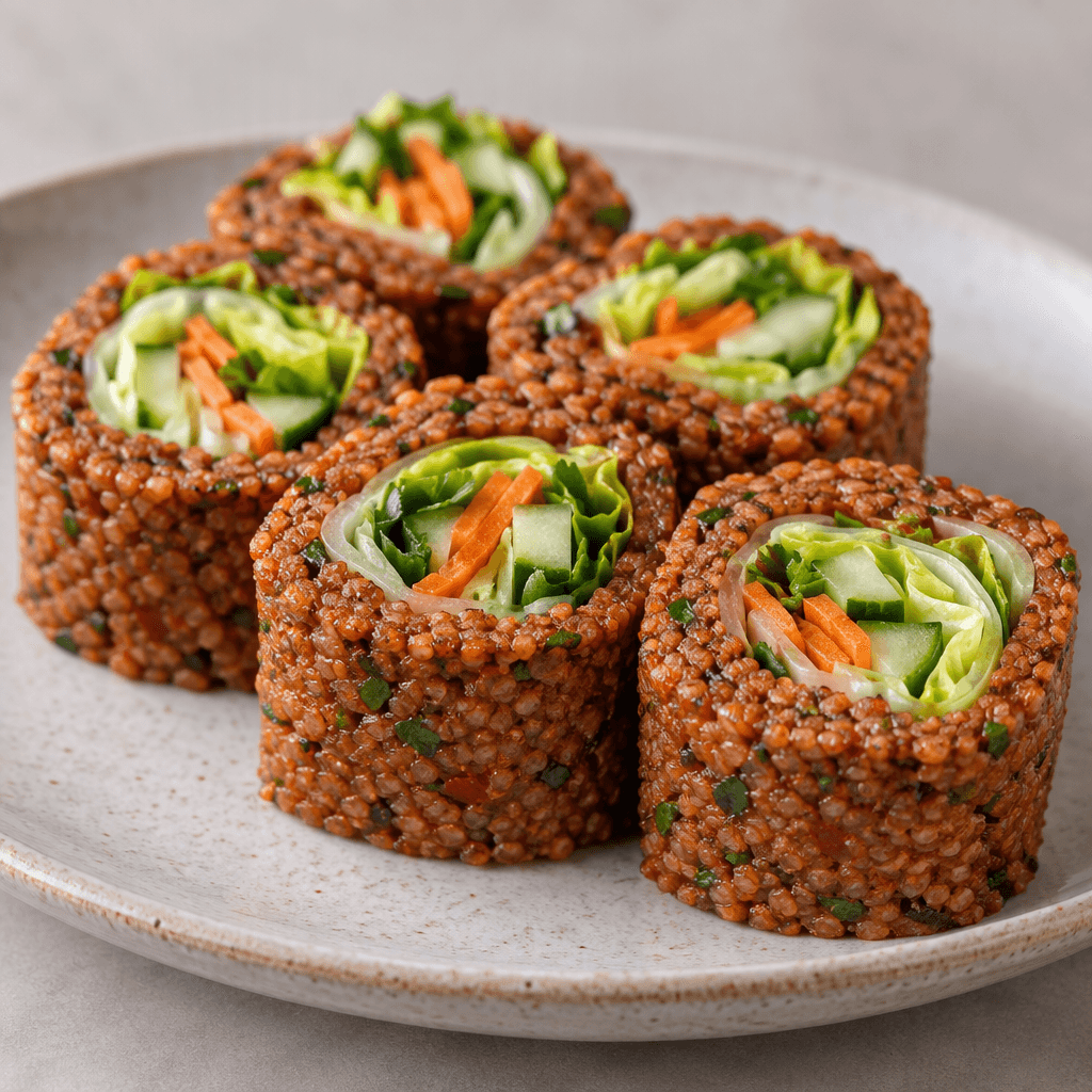Small sushi-shaped rolls of finely textured reddish-brown bulgur mixture are arranged in a row, with pale-green lettuce and thin strips of vegetables visible in their cut centers.