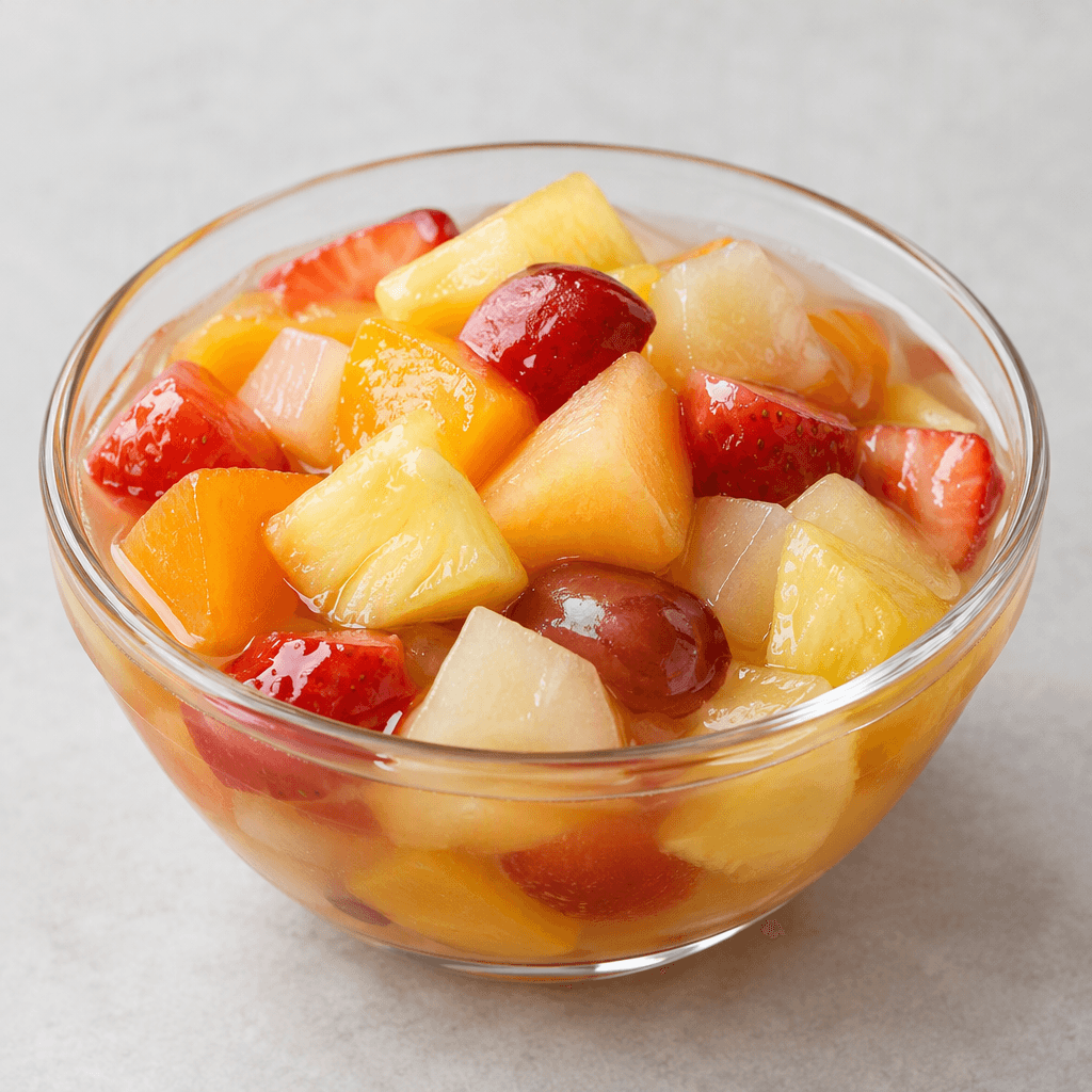 Soft chunks of mixed fruit in a clear, lightly tinted syrup, served in a small glass bowl with glossy surfaces and pieces ranging from pale yellow to deep red.