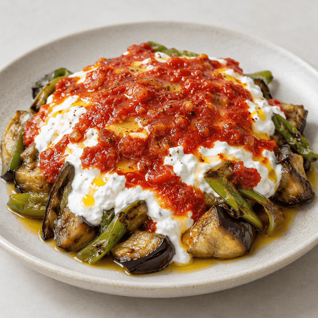 A meze of soft golden-brown eggplant pieces and green pepper strips layered with thick white garlicky yogurt, topped with a vivid red tomato sauce and a drizzle of olive oil, served on a shallow plate.