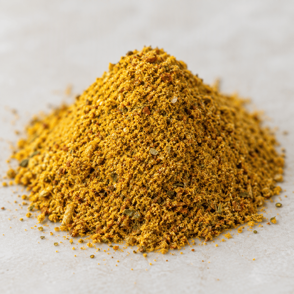 A loose, finely ground spice blend in a warm golden-yellow to ochre colour, with tiny reddish-brown and green flecks, heaped in a small mound.