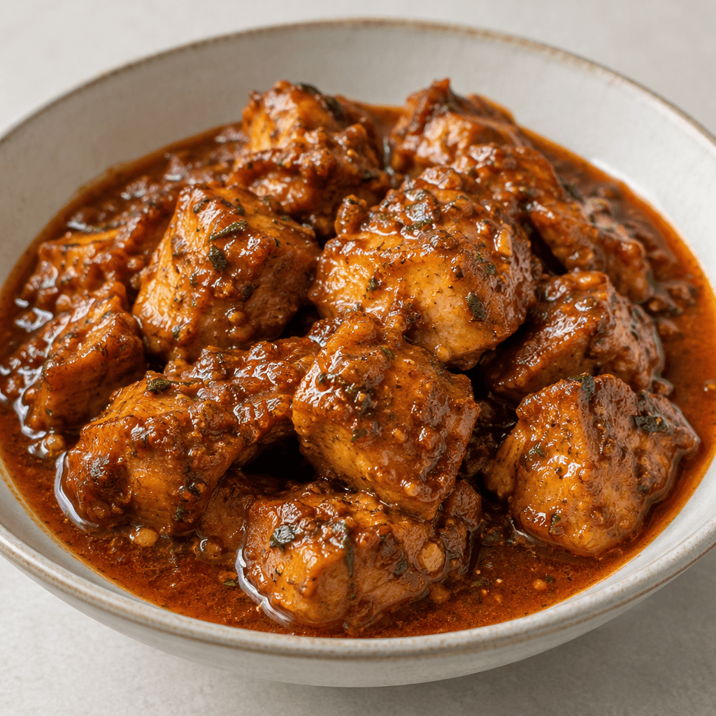 Chunks of boneless chicken are coated in a thick, glossy reddish-brown sauce with visible flecks of spices and herbs, served in a shallow bowl with the sauce pooling around the tender-looking pieces.