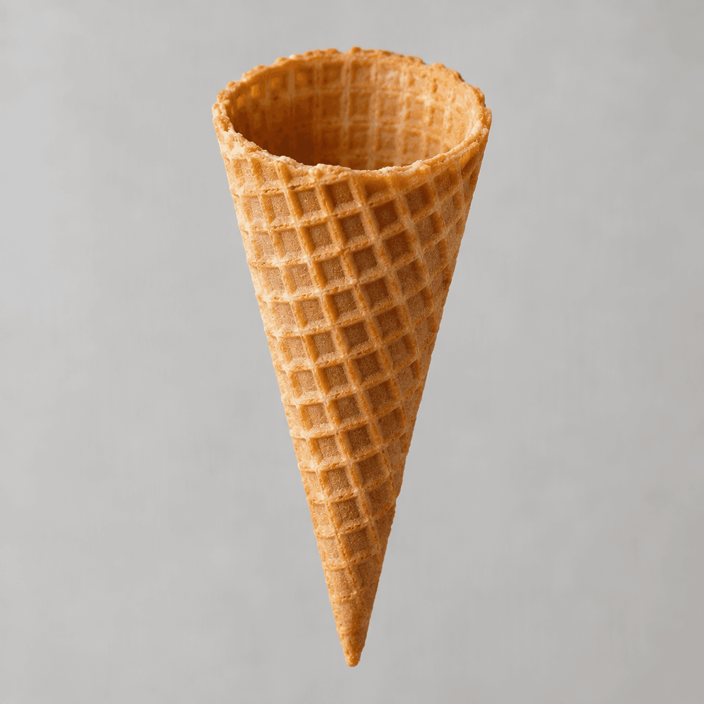 A hollow, crisp, golden-brown cone tapers to a point and is covered with a regular embossed grid pattern, with its wide circular opening facing upward.