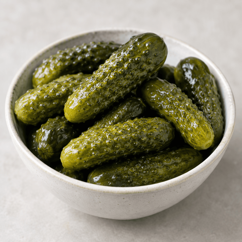 Small whole cucumbers with dark green, knobbly ridged skins and a glossy, briny surface, shown together in a simple serving dish.
