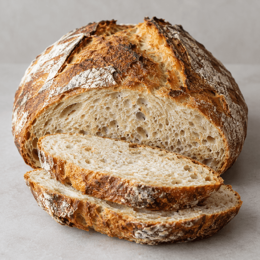 A rustic, round-to-oval loaf with a thick, deeply browned crust, irregular scoring, a lightly flour-dusted surface, and a few thick slices showing a dense, airy cream-coloured crumb.