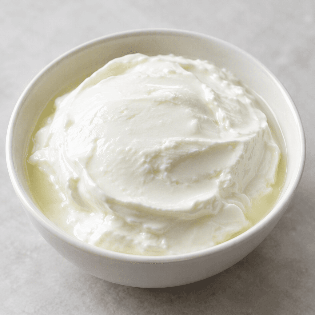 Thick, set yogurt with a smooth glossy white surface, softly rounded edges, and a dense creamy texture, served in a simple bowl with a small amount of pale whey visible around the sides.