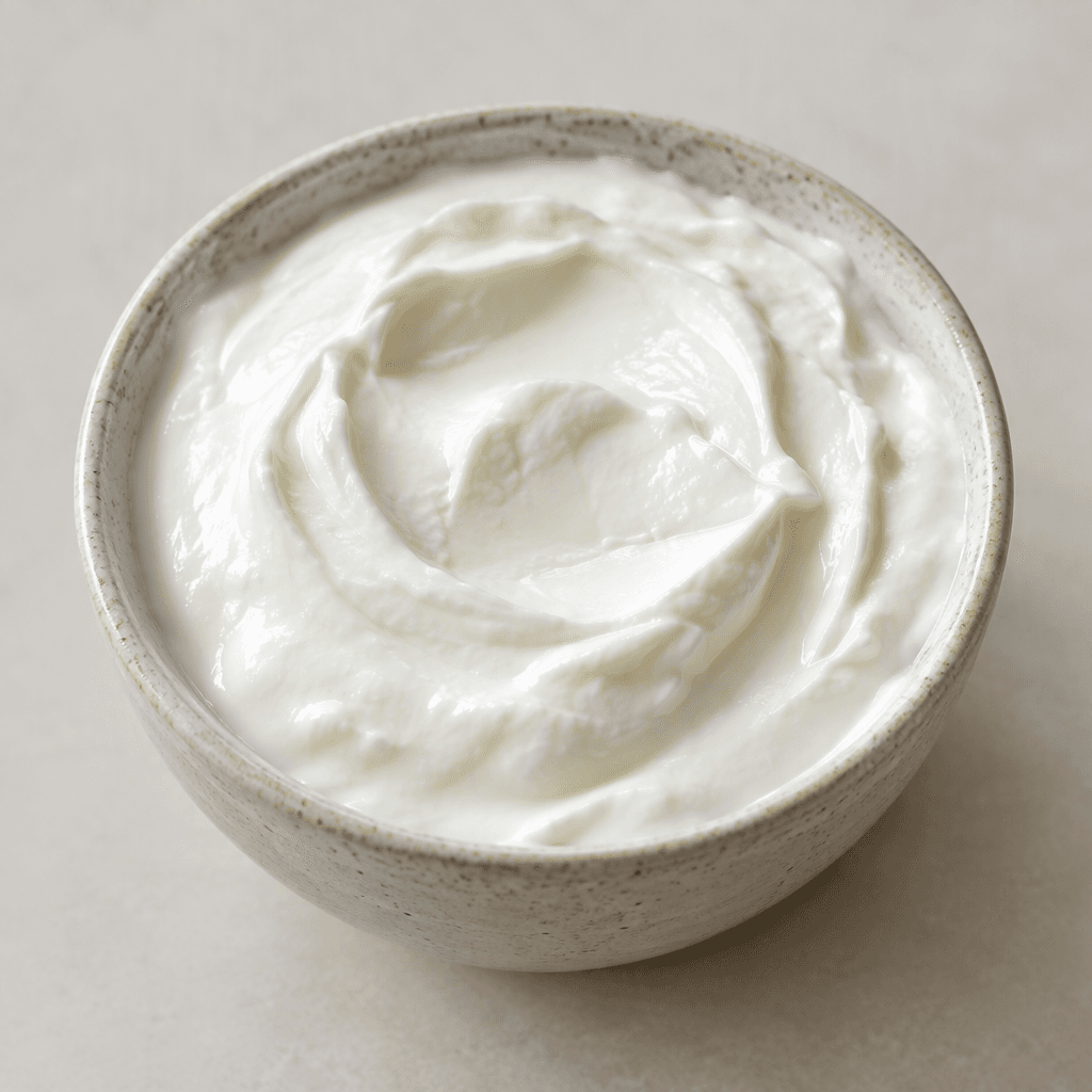 Thick, glossy white yogurt with a dense, smooth texture, served in a small bowl with gentle spoon marks across its surface.