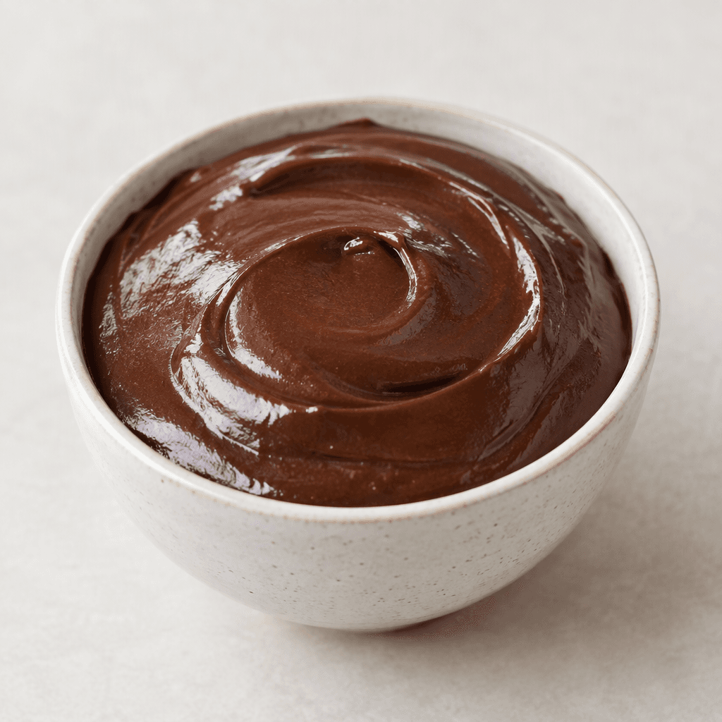 Thick, smooth, glossy dark-brown chocolate cream is served in a small dessert bowl, with an even surface and soft, spoonable texture.