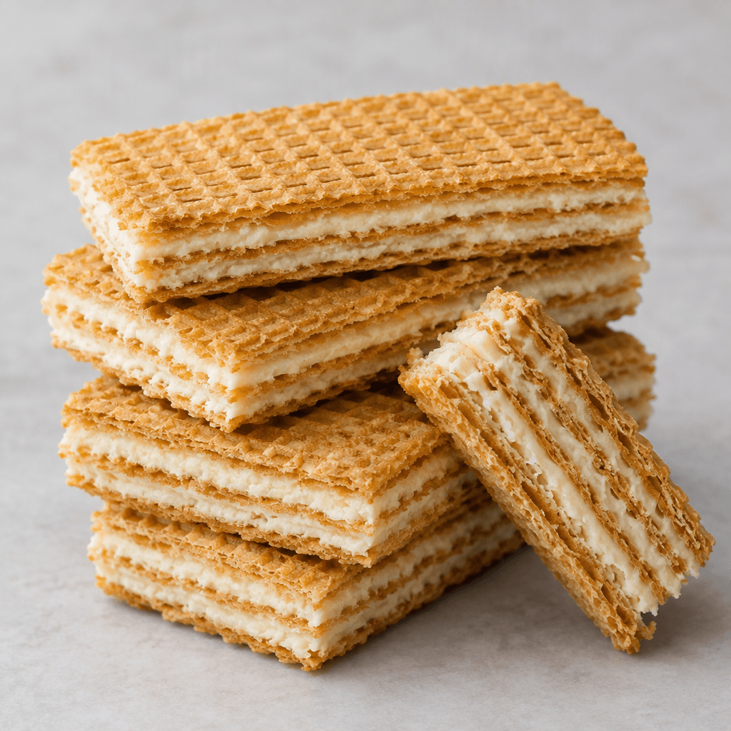 Several thin, rectangular, golden-brown wafer sheets are stacked in crisp layers with pale cream filling between them, with one piece cut or broken open to reveal the alternating ridges and smooth filling.