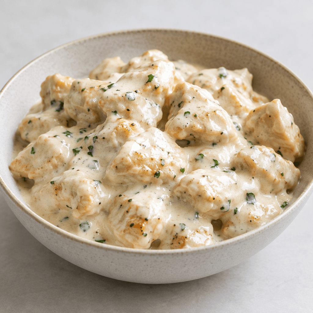 Bite-sized pieces of chicken are coated in a thick, glossy white-to-pale-cream sauce and arranged in a shallow bowl, with the chicken partly visible through the sauce.