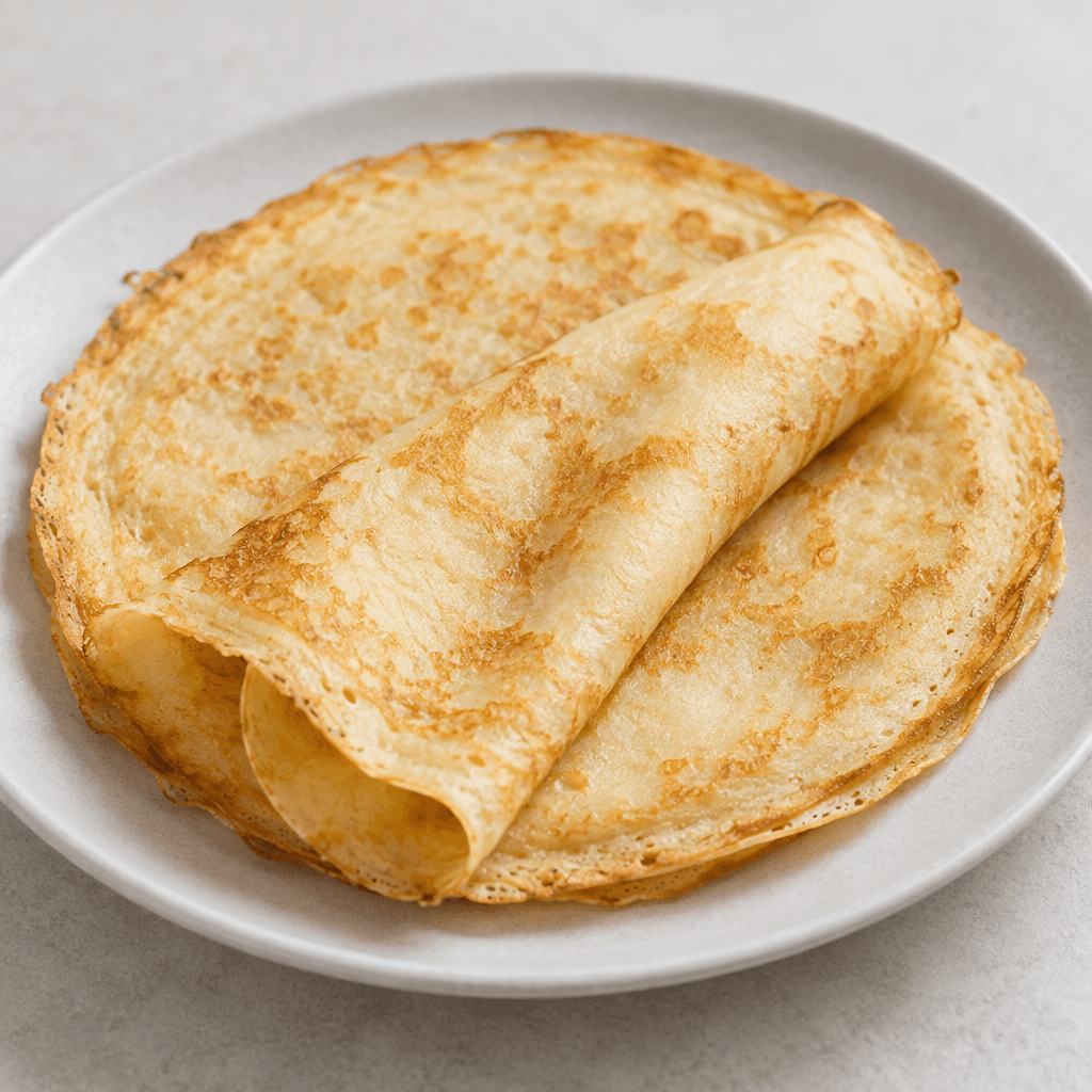 A thin, round, flexible pancake with a smooth pale golden surface, lightly browned patches, delicate crisp-looking edges, and a soft folded or rolled shape on a plate.