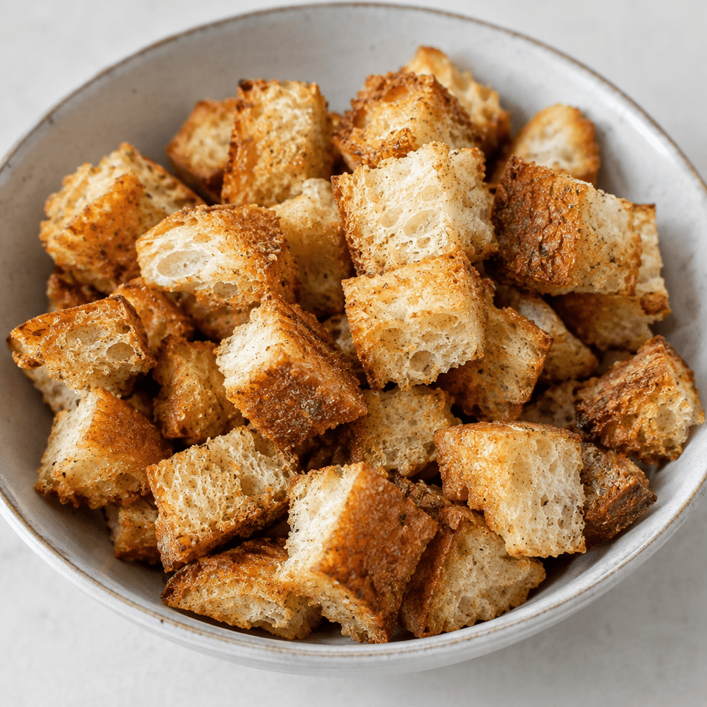 Small, irregularly cut cubes of toasted bread with golden-brown edges, pale centers, and rough, crisp-looking surfaces, scattered in a shallow bowl or across a plate.
