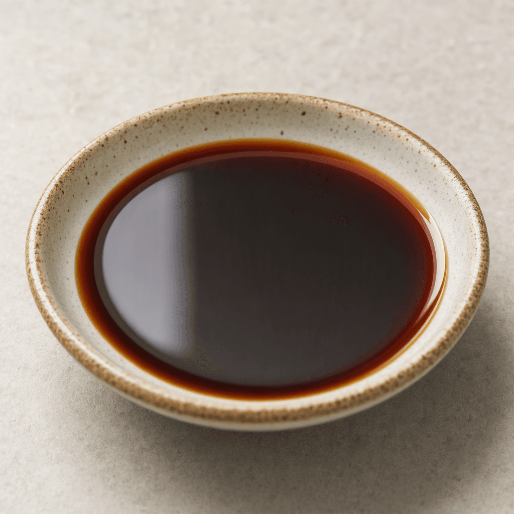 A shallow pool of translucent, very dark brown soy sauce sits in a small dish, its thin, smooth surface catching the light with a glossy sheen.
