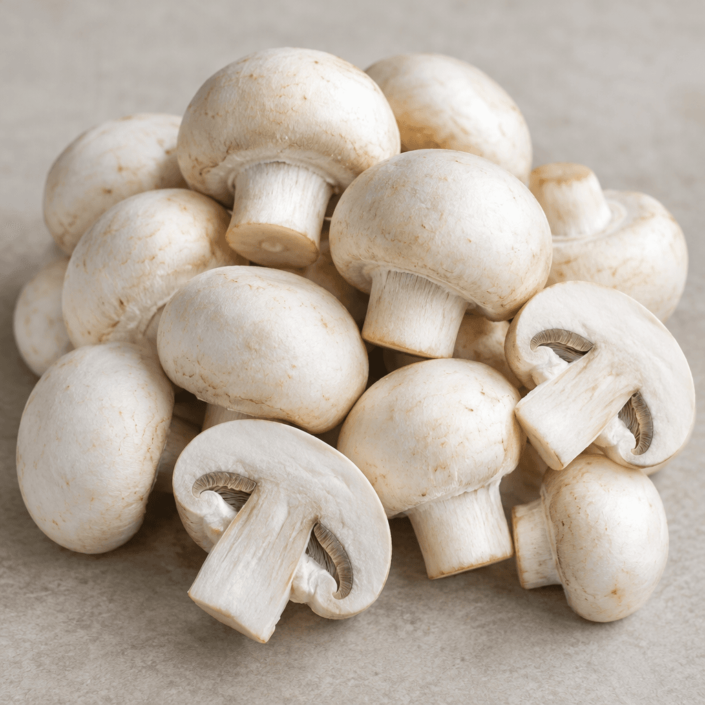 Small, smooth, rounded white mushroom caps with short, thick stems, shown whole in a loose pile with a few cut open to reveal pale undersides and fine gills.