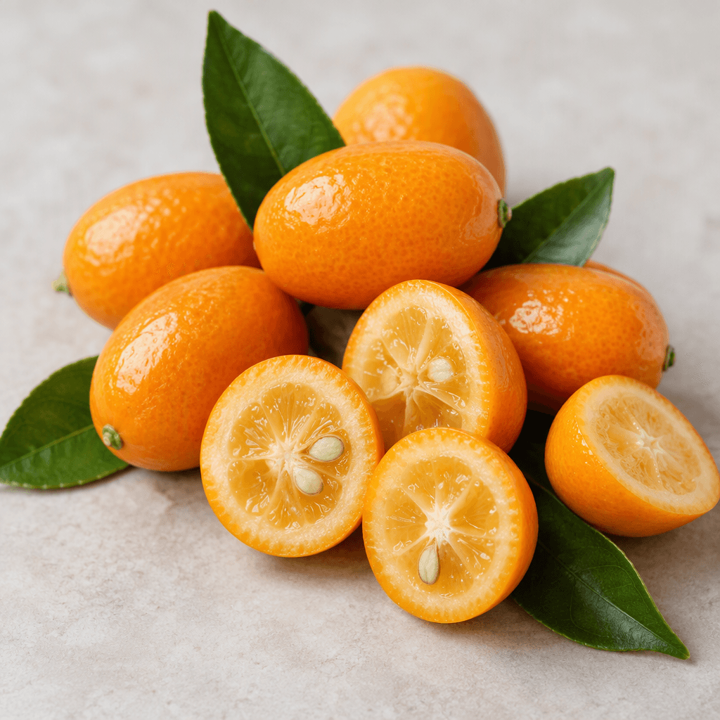 Several small, oval kumquats with smooth, glossy orange skin are arranged with a few cut open to reveal pale orange segmented flesh and tiny seeds, alongside green leaves.