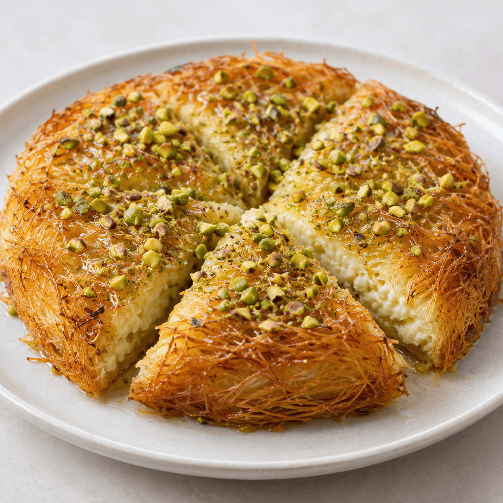 A round, shallow pastry made of fine golden-brown strands layered around and over a soft, pale cheese filling, with crisp toasted edges, glossy syrup lightly coating the surface, and finely chopped green pistachios scattered on top, served cut into wedges on a plate.