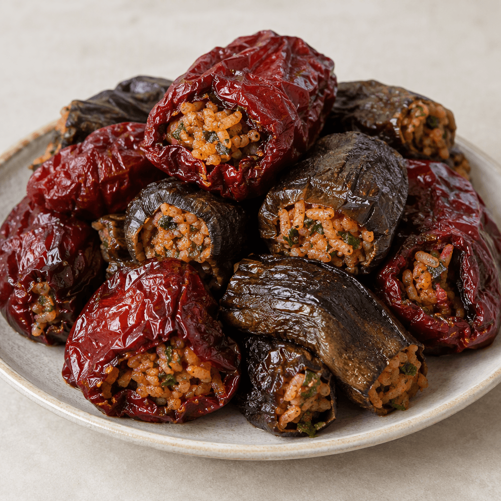 Wrinkled, dark burgundy dried peppers and deep brown-purple dried eggplants, stuffed with visible reddish rice and herbs, are arranged in a compact pile on a serving plate.