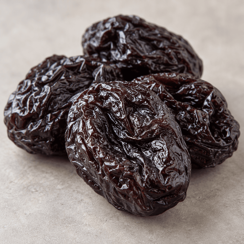 A few oval dried plums with deep purplish-brown, wrinkled skins and a slight sheen rest in a small pile.