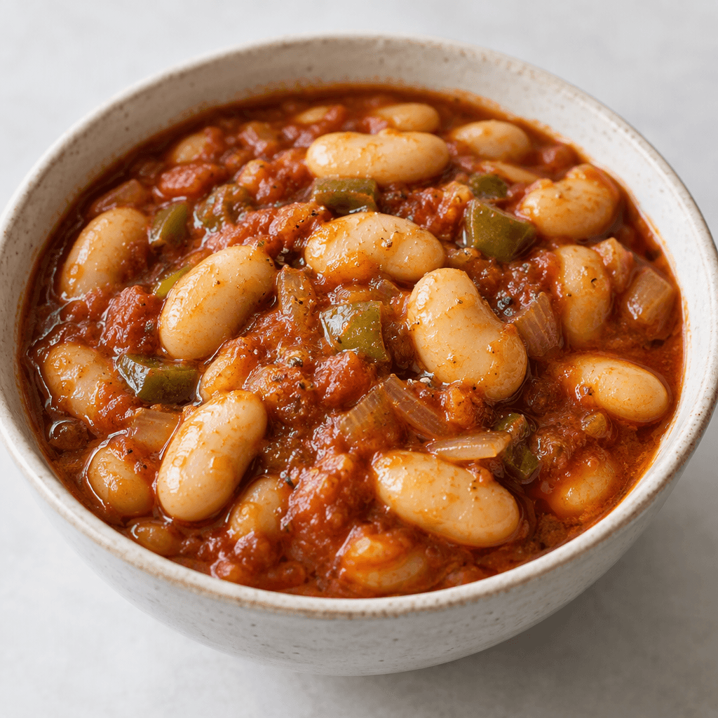 A shallow bowl filled with large white beans in a thick, reddish-brown tomato-based stew, with glossy beans partially submerged in the sauce and small visible pieces of onion and green pepper, served with a light sheen of oil on top.