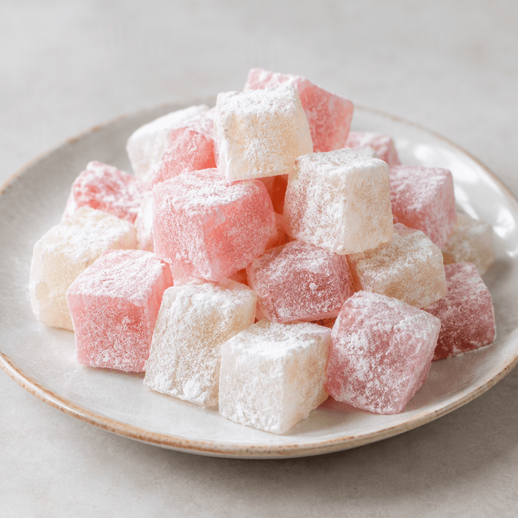 Small, bite-sized cubes of soft, translucent pale-pink and white confection, lightly dusted with powdered sugar and arranged together on a serving plate.