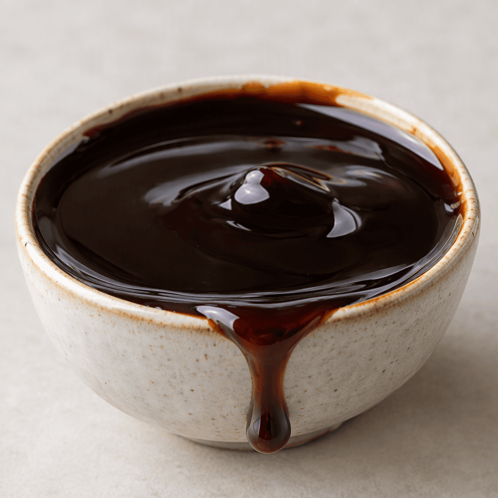 A thick, smooth, glossy syrup in a deep reddish-brown to nearly black colour, served pooled in a small bowl with slow, viscous drips along the surface.