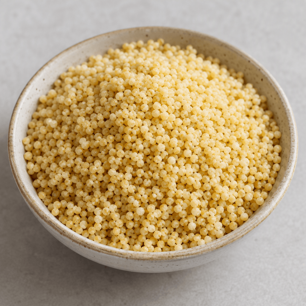 Small, round, pale golden grains with a fine, slightly uneven texture, piled loosely in a shallow bowl or spread across a plate.