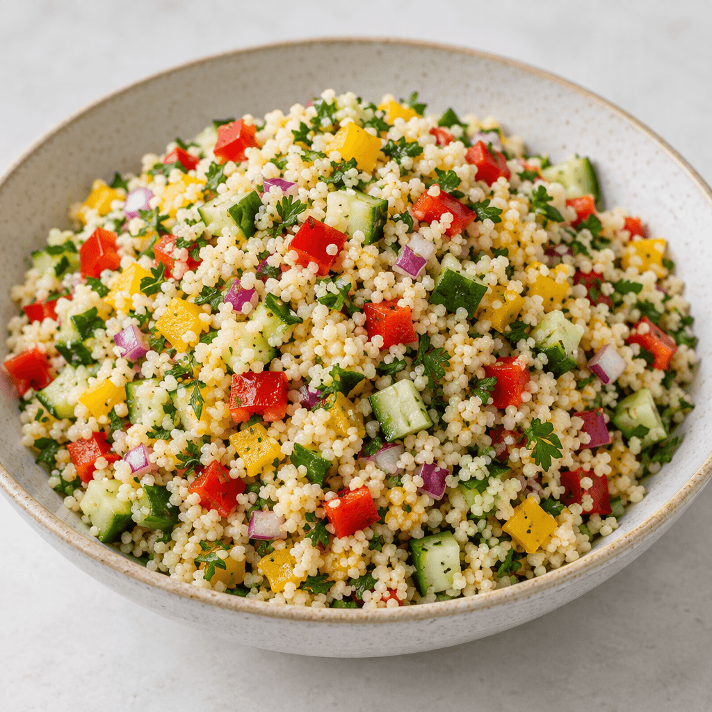 A mound of small pale-golden couscous grains mixed with finely diced red and yellow peppers, green cucumber, red onion and chopped parsley, served in a shallow bowl with the loose, speckled mixture clearly visible.