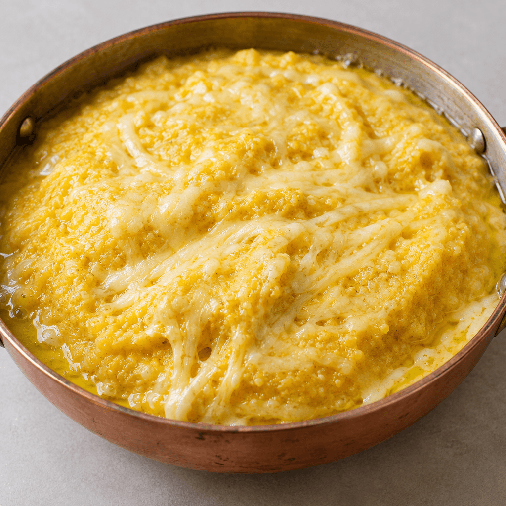 A thick, glossy golden-yellow mixture of coarse cornmeal, melted butter and pale straw-yellow cheese fills a shallow copper pan, with butter pooling at the edges and strands of melted cheese visible across the surface.