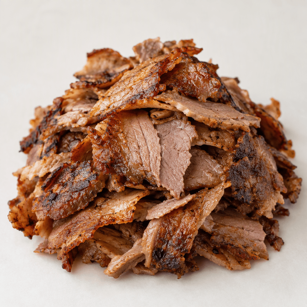 Thin, irregular slices of lamb doner form a loose pile, with browned, crisp-edged surfaces, darker roasted patches, and tender-looking pinkish-brown layers visible inside.