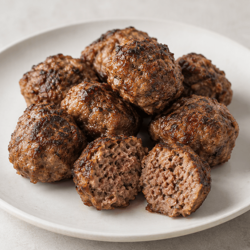 Several small, round lamb meatballs with irregular hand-formed surfaces and deeply browned edges are arranged on a plain serving plate, with one cut open to show a coarse, moist reddish-brown interior.