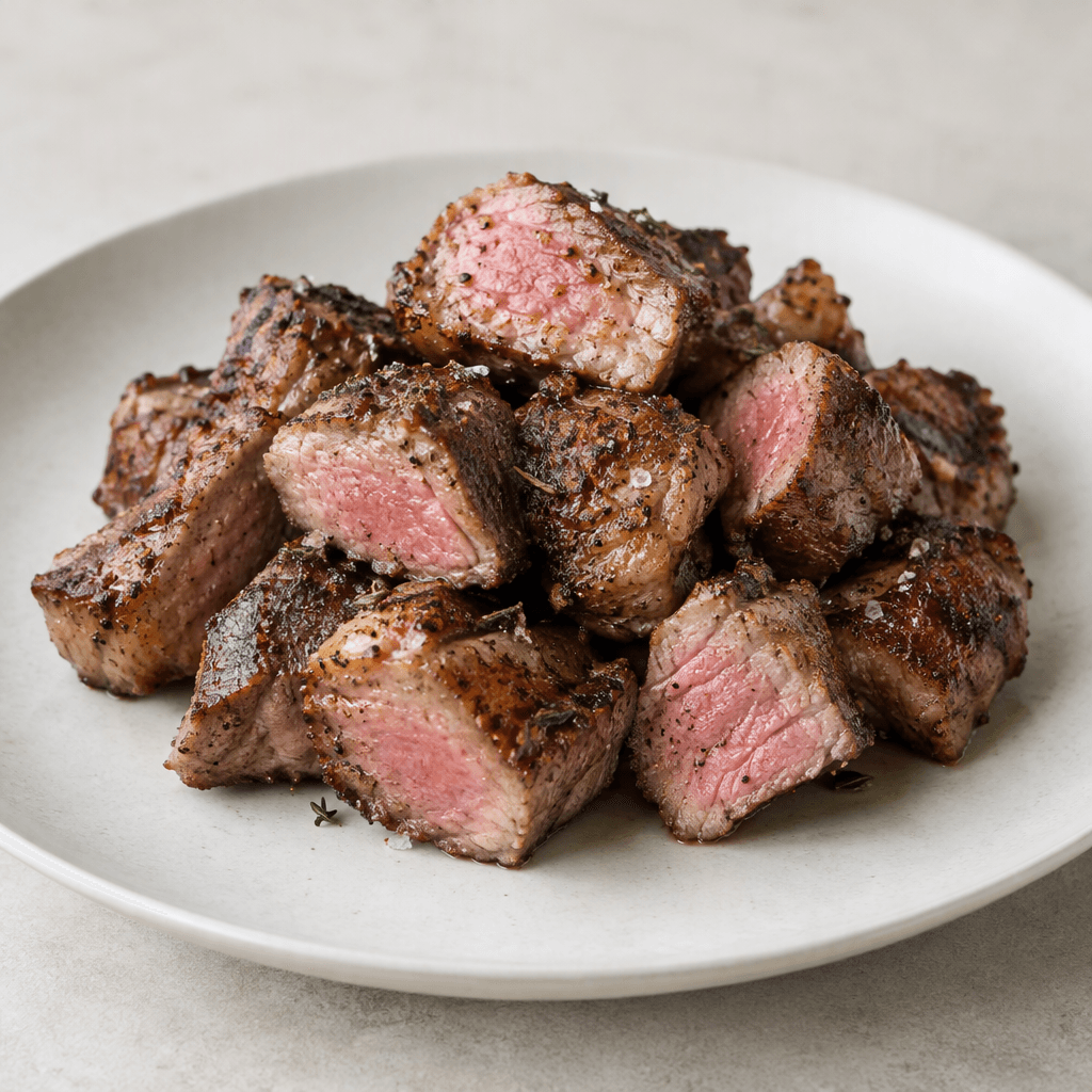Thick, bite-sized pieces of lamb with deeply browned edges and a tender-looking pale pink center, arranged on a plate in a neat mound.