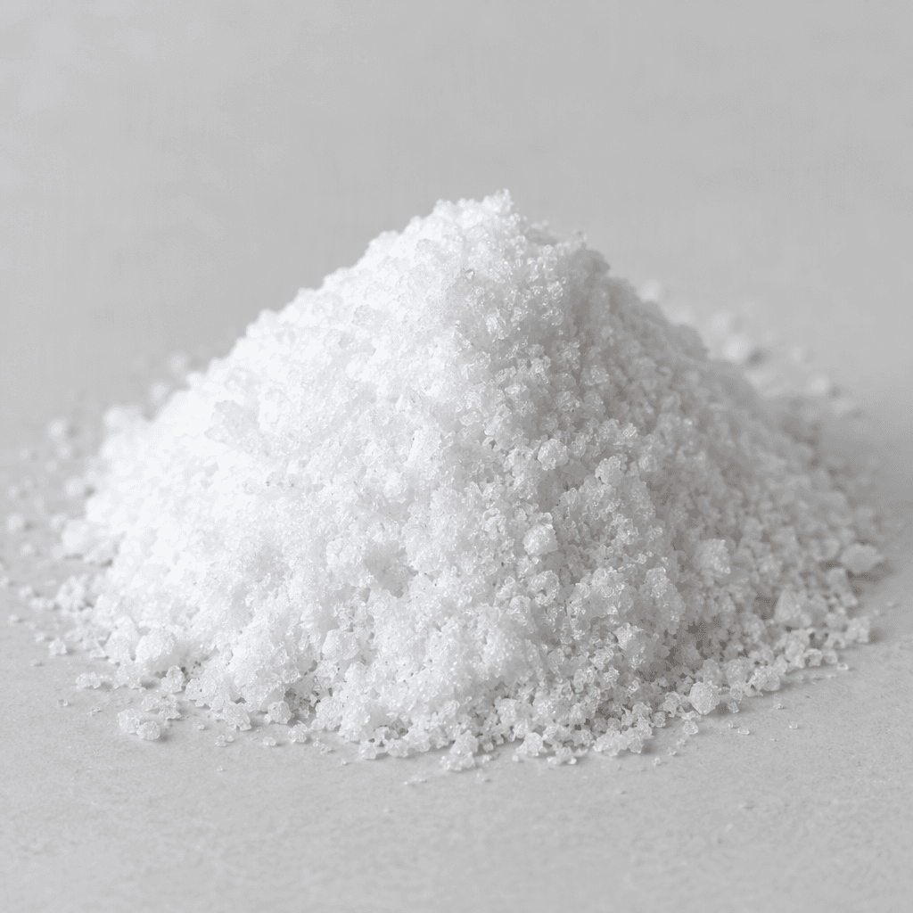 A small mound of fine white L-arginine powder with a slightly grainy, crystalline texture.