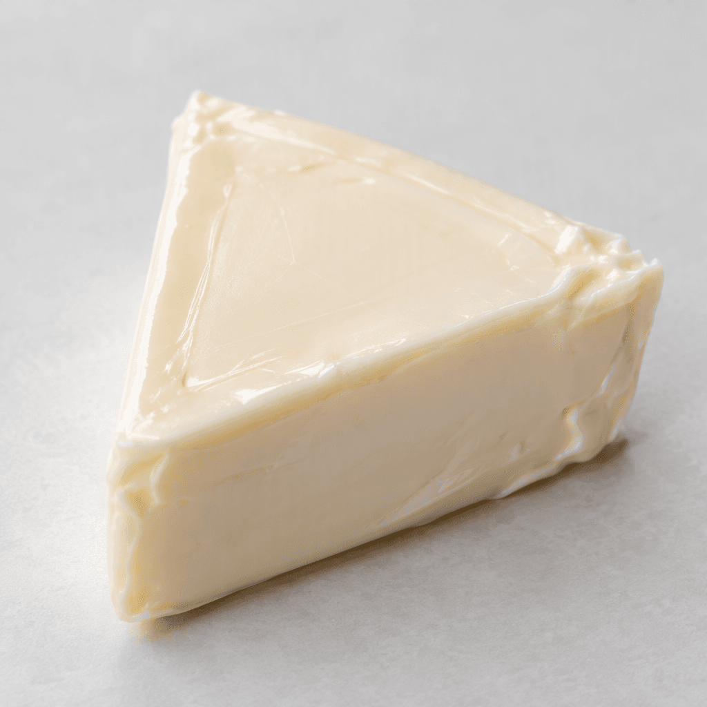 A small triangular portion of smooth, soft, pale ivory cheese sits by itself.