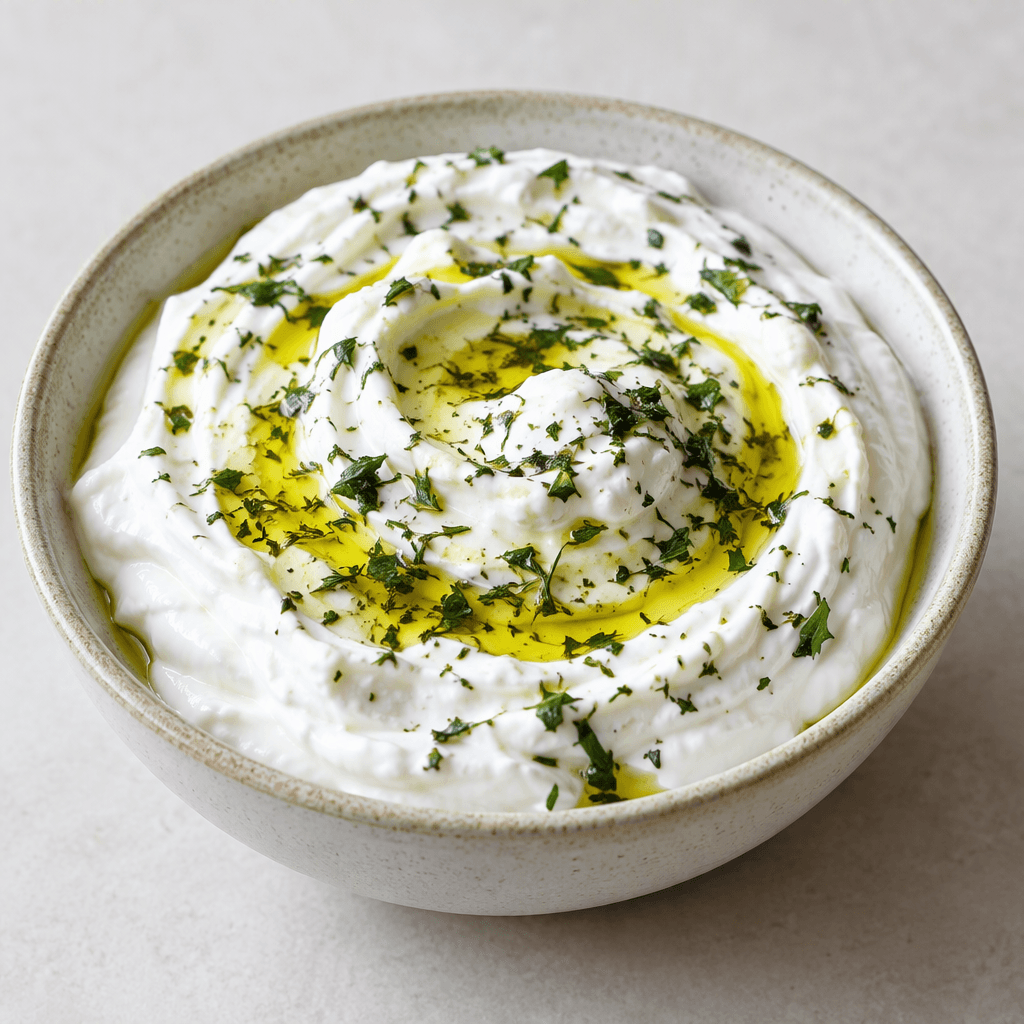 A mound of thick, smooth white strained yogurt sits in a shallow bowl, its surface shaped into soft swirls and topped with a drizzle of golden olive oil and a sprinkle of green herbs.