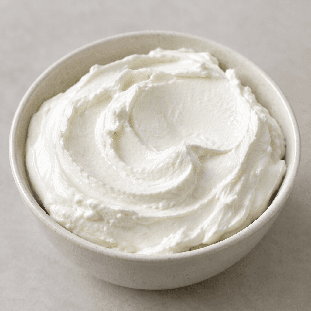 A thick, smooth white dairy spread sits in a soft mound, with shallow swirls and a creamy, slightly glossy surface.