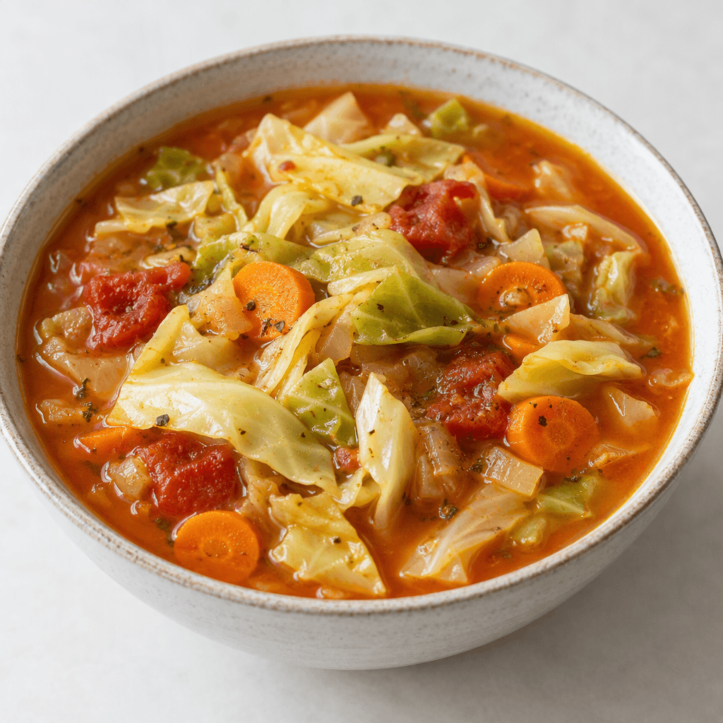 A shallow bowl holds irregular chunks and ribbons of pale green cabbage in a thick reddish-orange broth, with visible softened tomato pieces, small orange carrot slices, and a few dark flecks of seasoning.