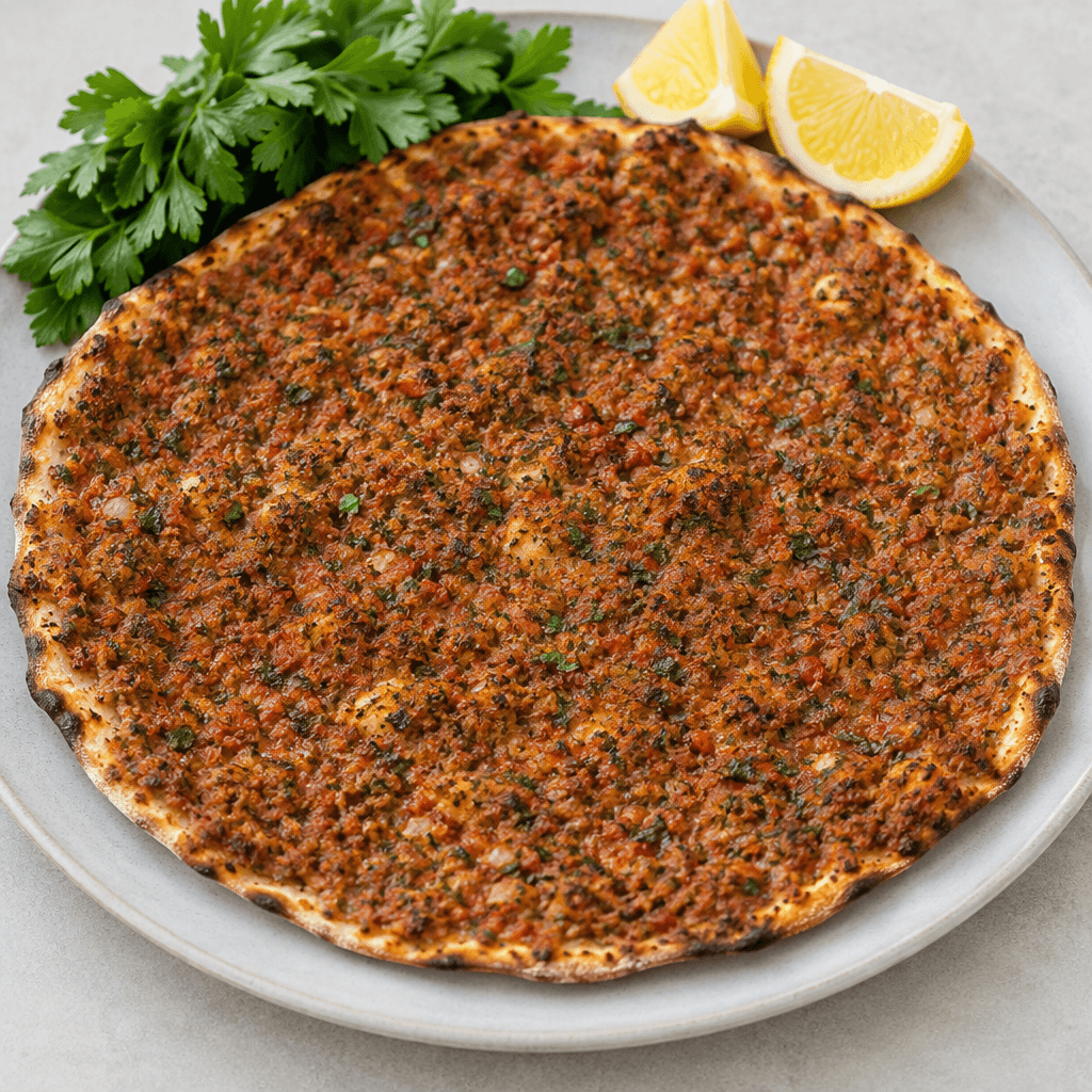 A thin, round-to-oval flatbread with a crisp, uneven edge, covered almost to the rim with a finely spread red-brown layer of minced meat, tomato, pepper and herbs, with scattered green flecks and lightly browned patches on top, served with fresh parsley and lemon wedges.