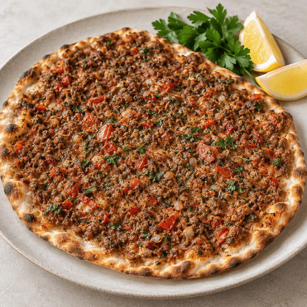 İnce, yuvarlak hamurun üzerine kıyma, kırmızı domates ve biber ile yeşil otlardan oluşan ince bir harç yayılmış; kenarları hafif kızarmış, yanında kıyılmış maydanoz ve limon dilimleri duruyor.