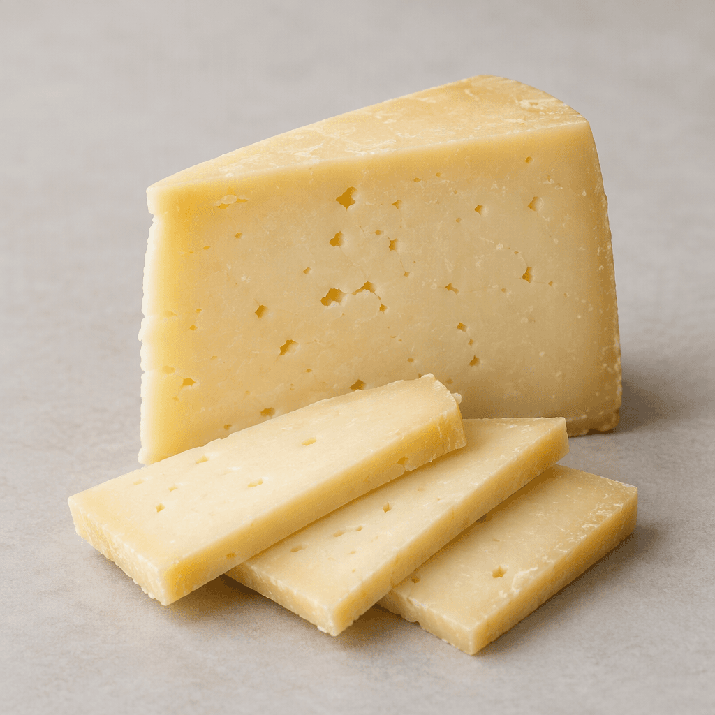 A pale ivory to light straw-yellow cheese with a smooth, firm semi-hard texture, shown as a compact wedge with cleanly cut slices and a few small irregular holes.