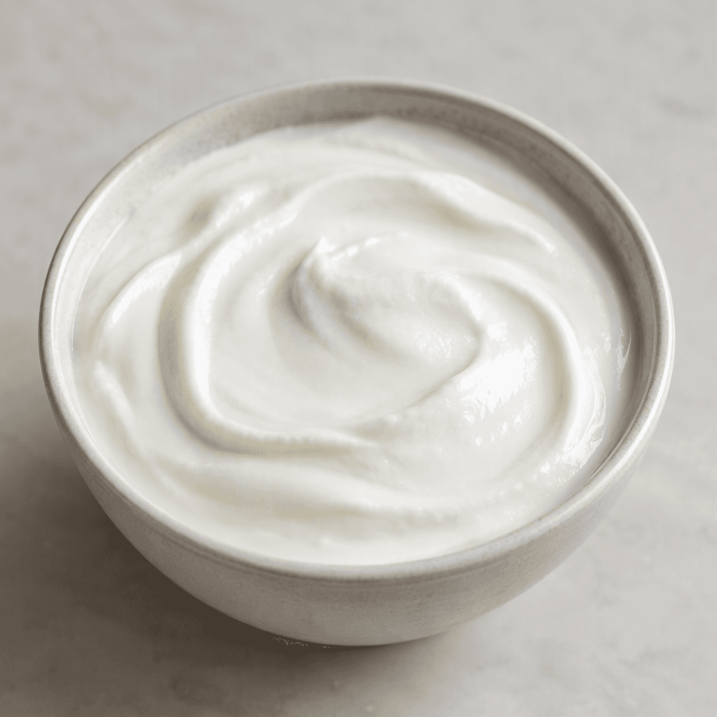 A bowl of lactose-free yogurt with a smooth, thick, glossy white surface and a soft, creamy texture, served plain with no visible toppings.