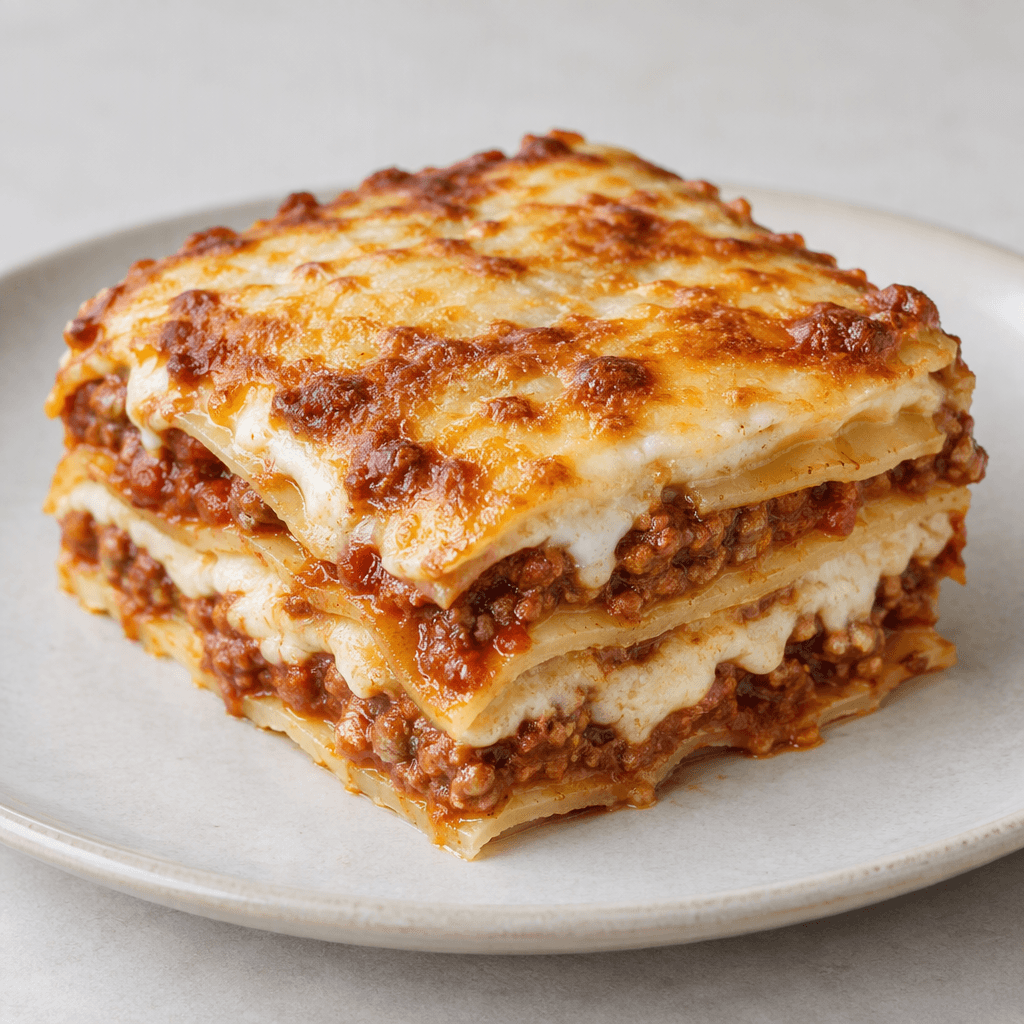 A square slice of layered pasta lies on a plate, showing pale flat noodle sheets, deep red tomato-and-meat sauce, creamy white sauce, and melted golden-brown cheese forming a browned, slightly crisp top.