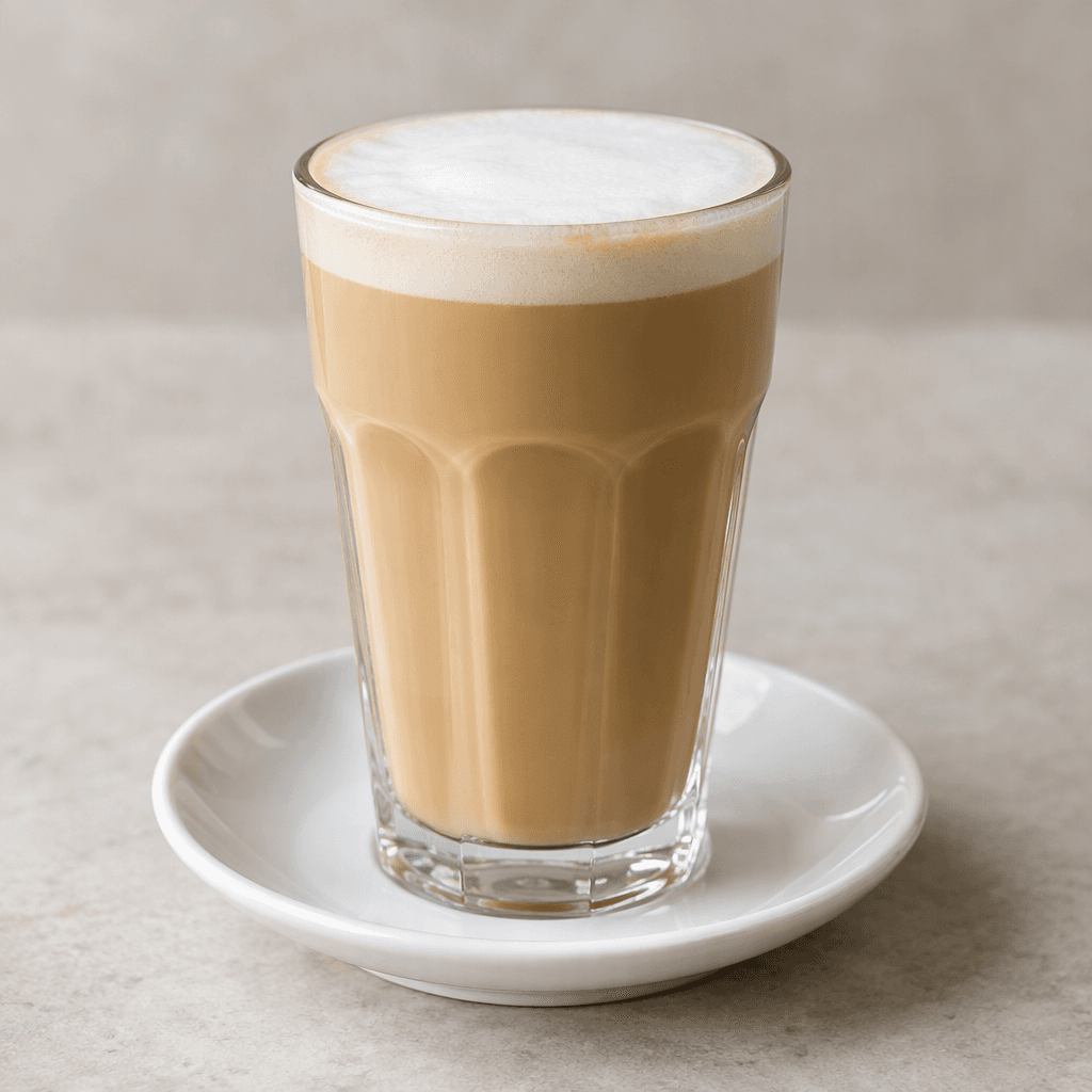 A tall glass filled with pale tan coffee, topped with a smooth, thin layer of white milk foam and served on a small saucer.