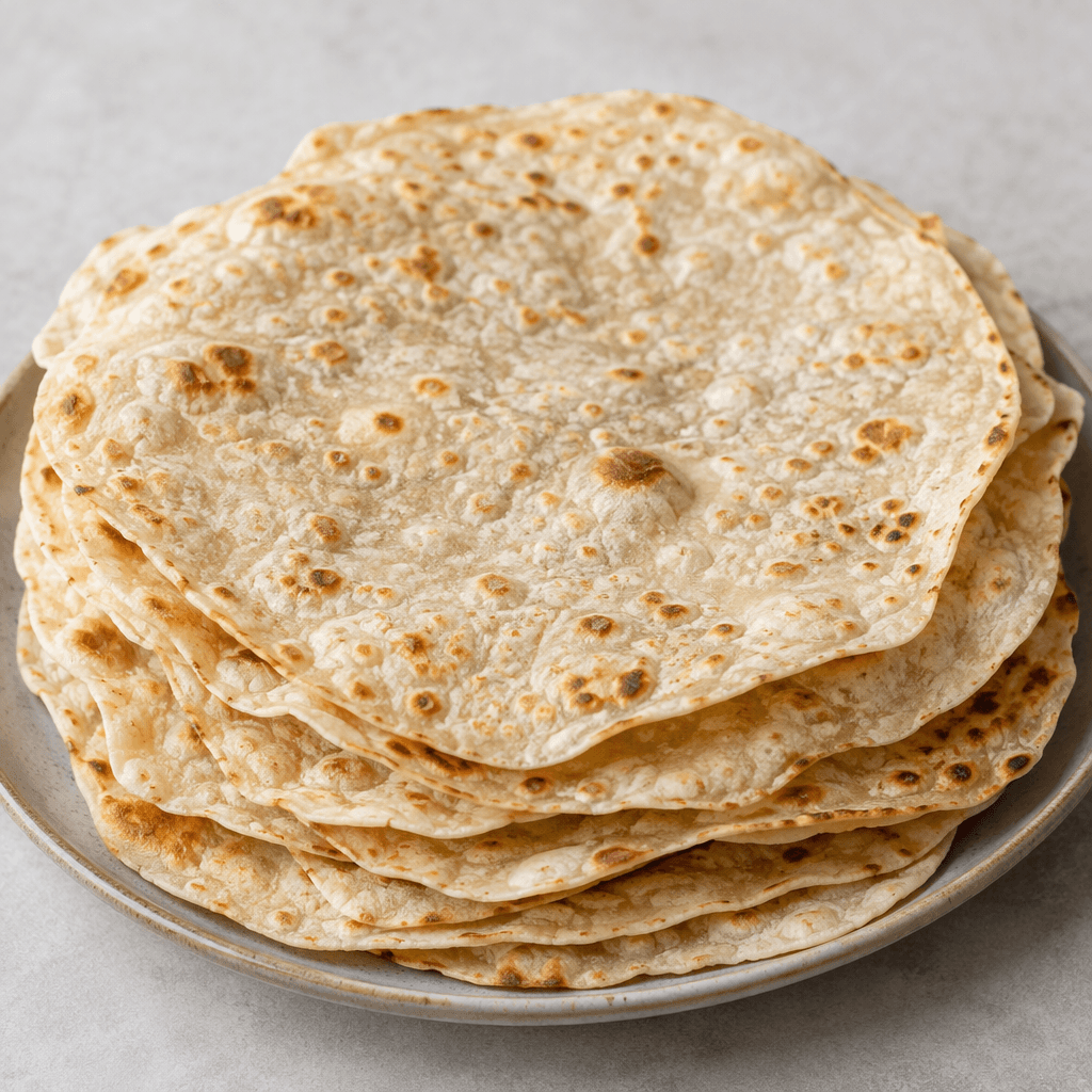 Thin, flexible, pale beige flatbreads with lightly browned spots, faint blistered bubbles and uneven edges, stacked in overlapping layers on a serving surface.