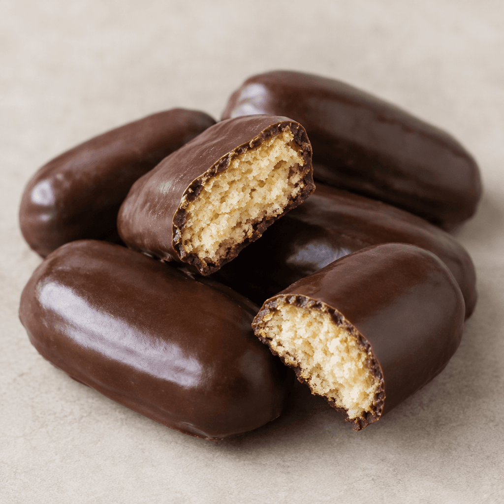 Small, oblong biscuits with a smooth, glossy dark-brown chocolate coating, shown whole and broken open to reveal a pale, crumbly interior.