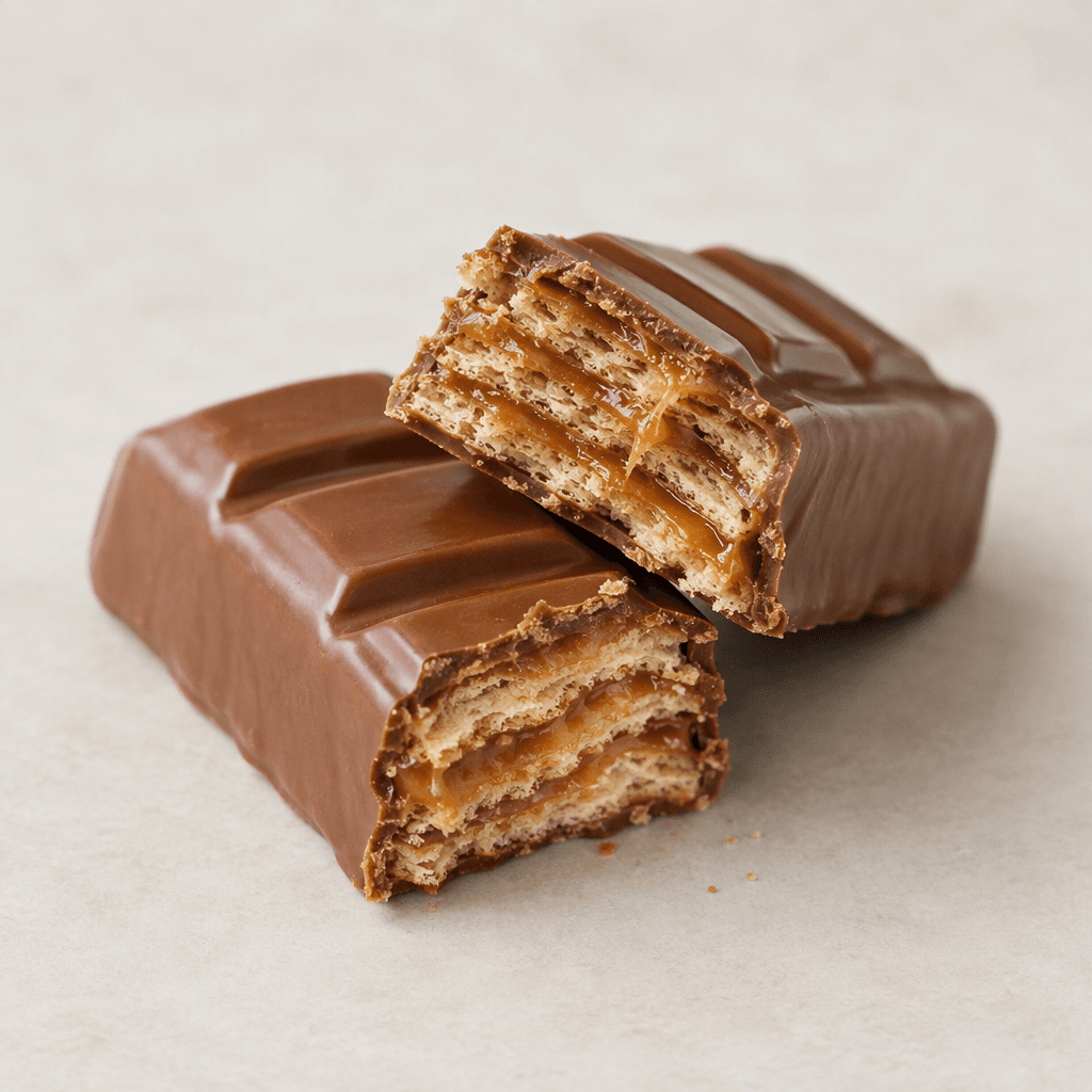 A slim, rectangular milk-chocolate bar with a smooth, glossy brown coating, divided into raised sections and broken open to reveal thin crisp wafer layers with soft caramel between them.