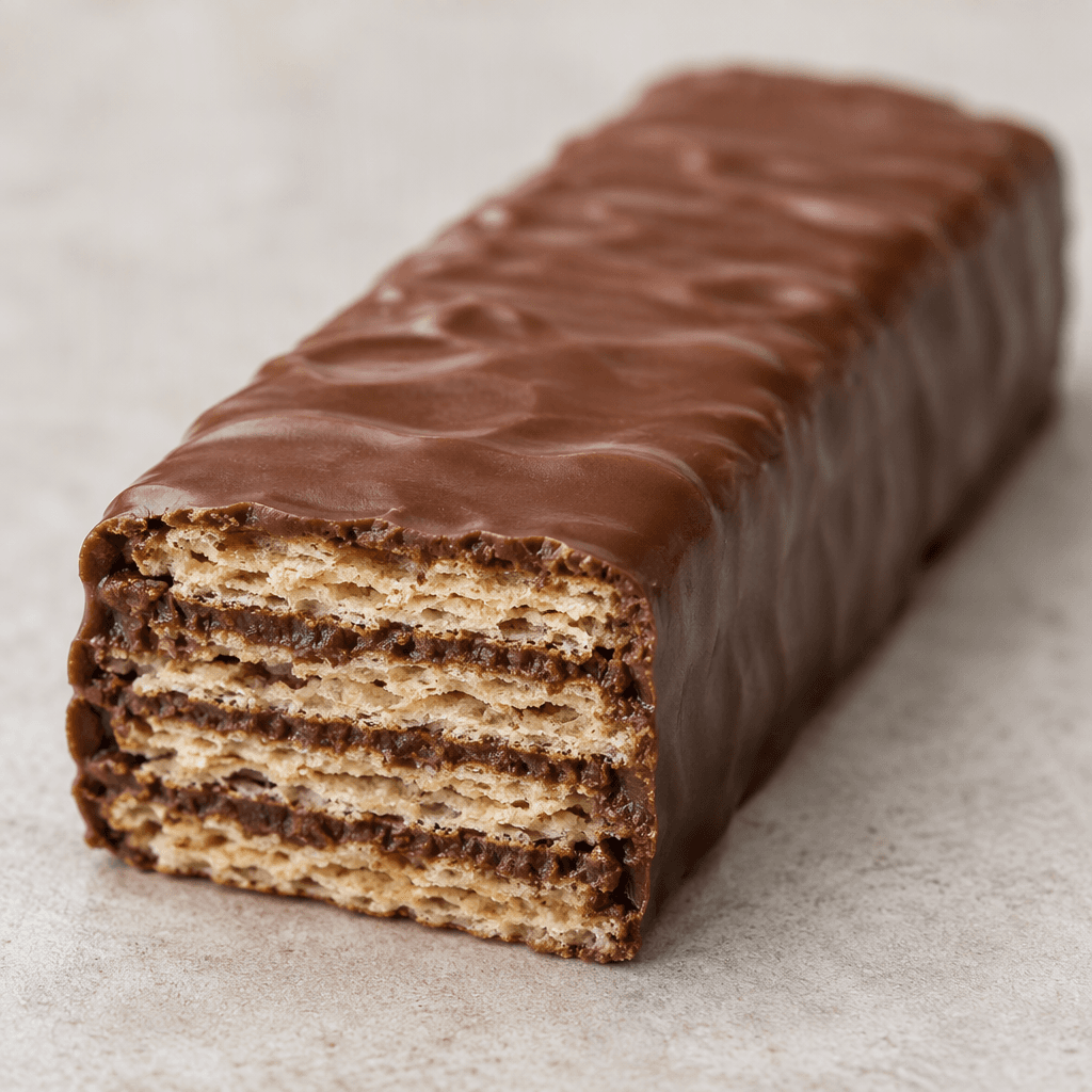 A slim rectangular wafer bar with a smooth brown chocolate coating, with crisp pale wafer layers and dark cream filling visible at a broken edge.