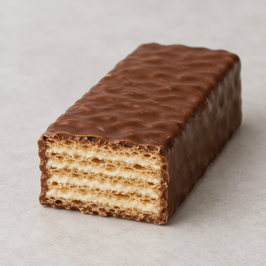 A rectangular chocolate-coated wafer bar, with a crisp layered wafer and pale creamy filling visible at its cut end, rests on a plain surface.