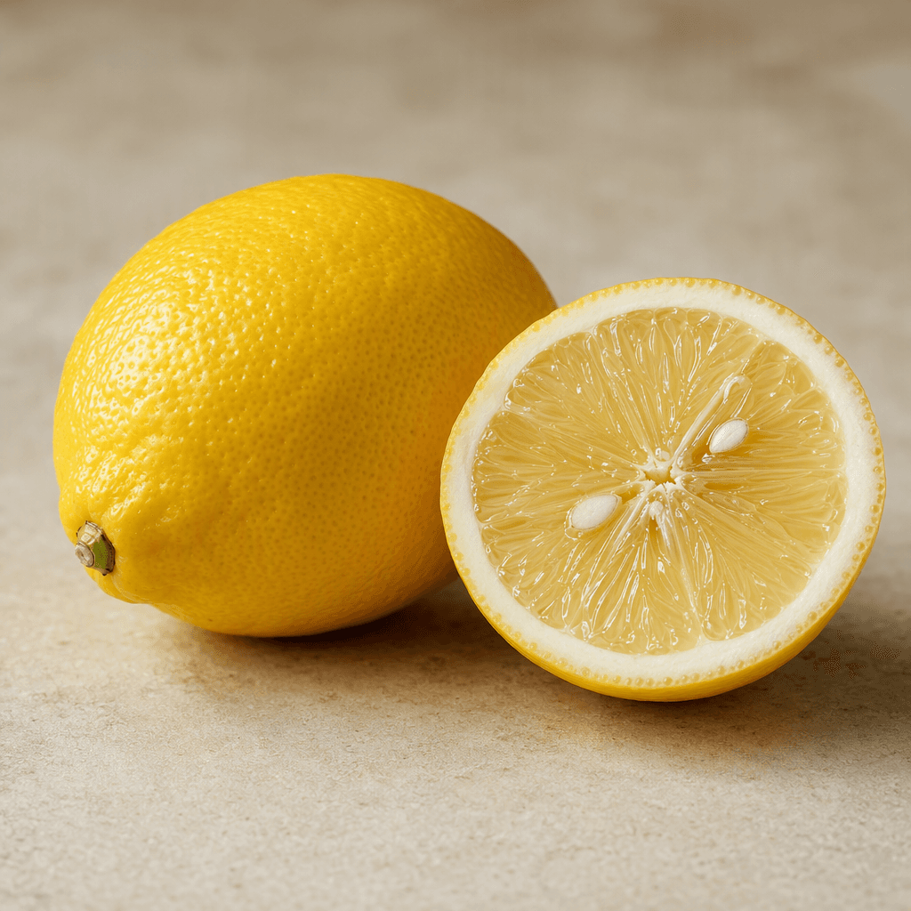 A whole lemon with a bright yellow, slightly dimpled peel, an oval shape tapering gently at both ends, and a small greenish stem at one tip, placed on a plain surface beside a lemon cut in half to reveal its pale yellow segmented flesh and a few white seeds.
