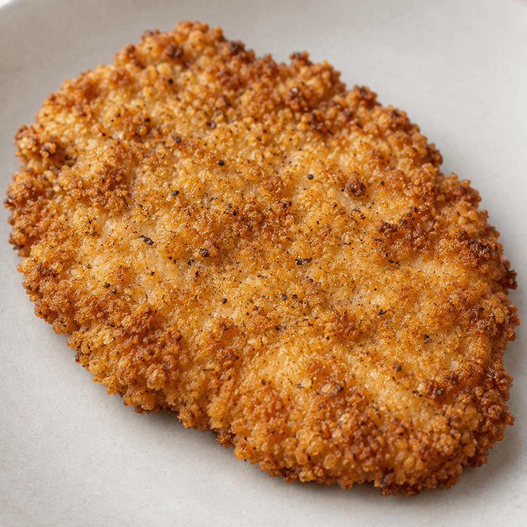 A flattened, roughly oval chicken cutlet with an even golden-beige crumb coating and a coarse, crisp-looking surface.