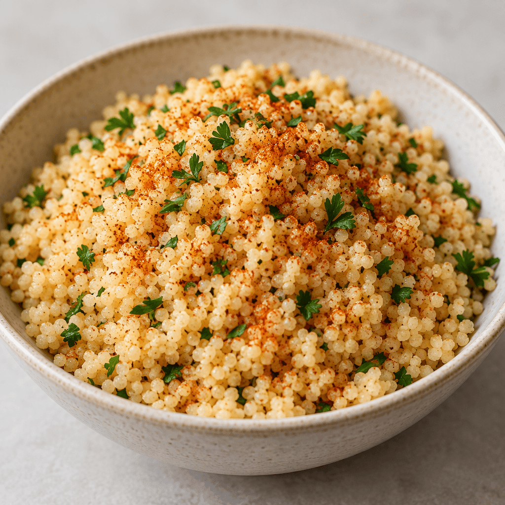 A mound of small, pale grains is dusted with reddish-orange seasoning and tiny green herb flecks, served in a shallow bowl.